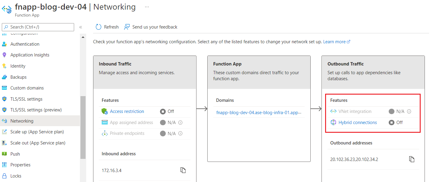 Networking settings of the Function App